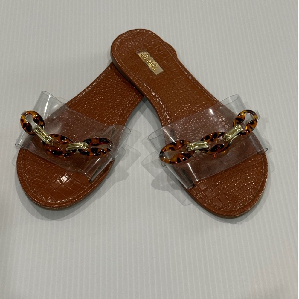 Qupid Womens Clear Strap Slide Sandals Tortoise Chain Brown Croc Print Flat 7